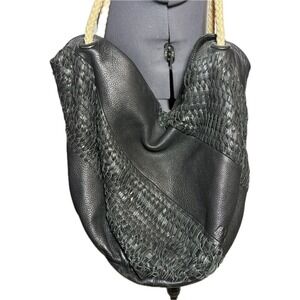 Mimco Black Leather Hobo Bag Woven Slouchy Tote Rope Handle Large Handbag DAMAGD